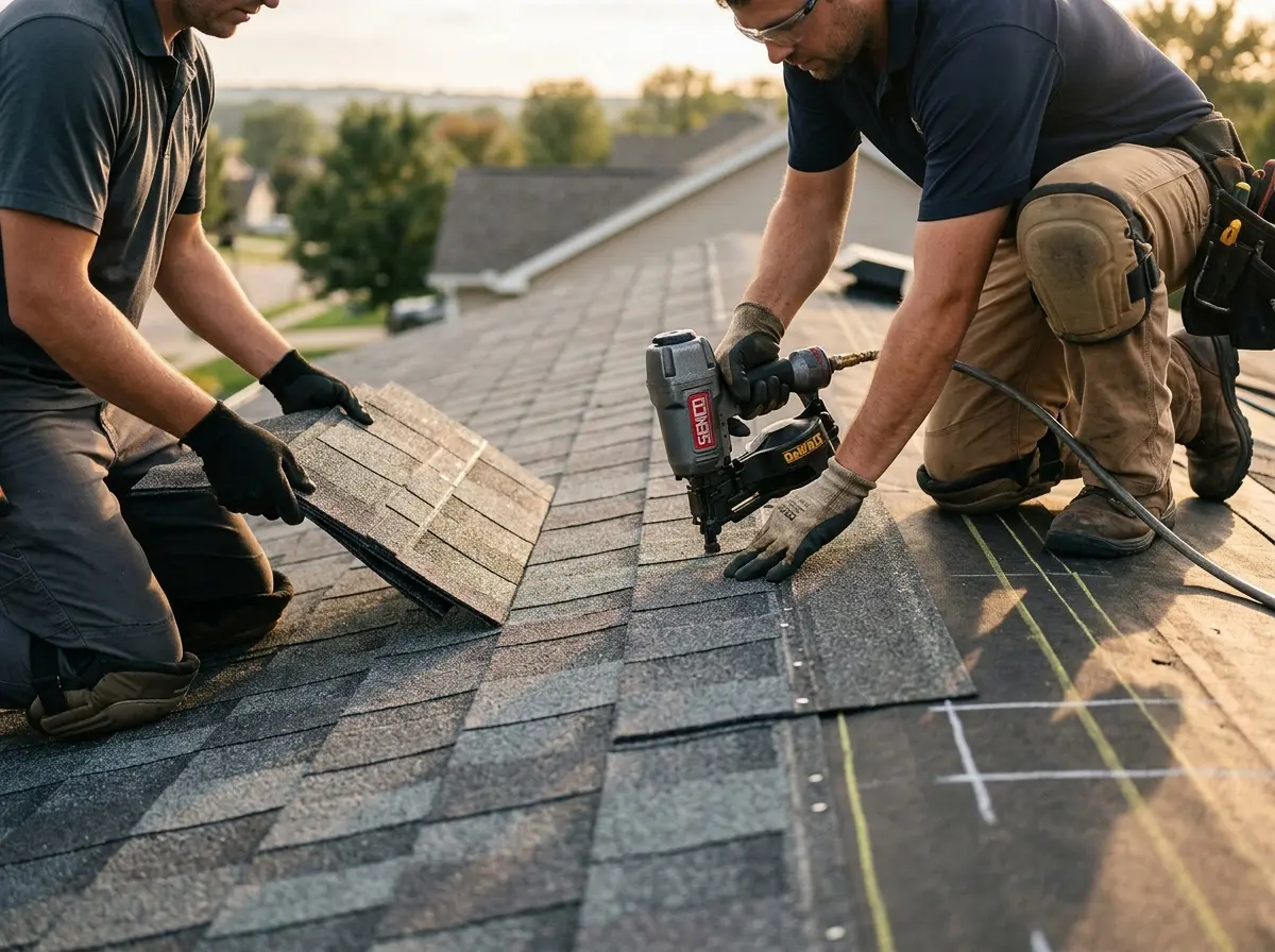 Professional roofer working on a residential roof in El Cerro Mission
